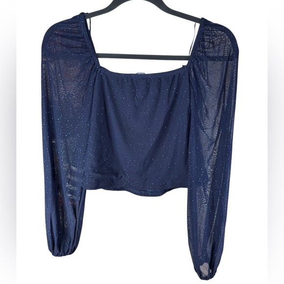 Urban Heritage Night Out Navy Sparkle Ruched Mesh Top Long Sleeve L - Picture 3 of 10